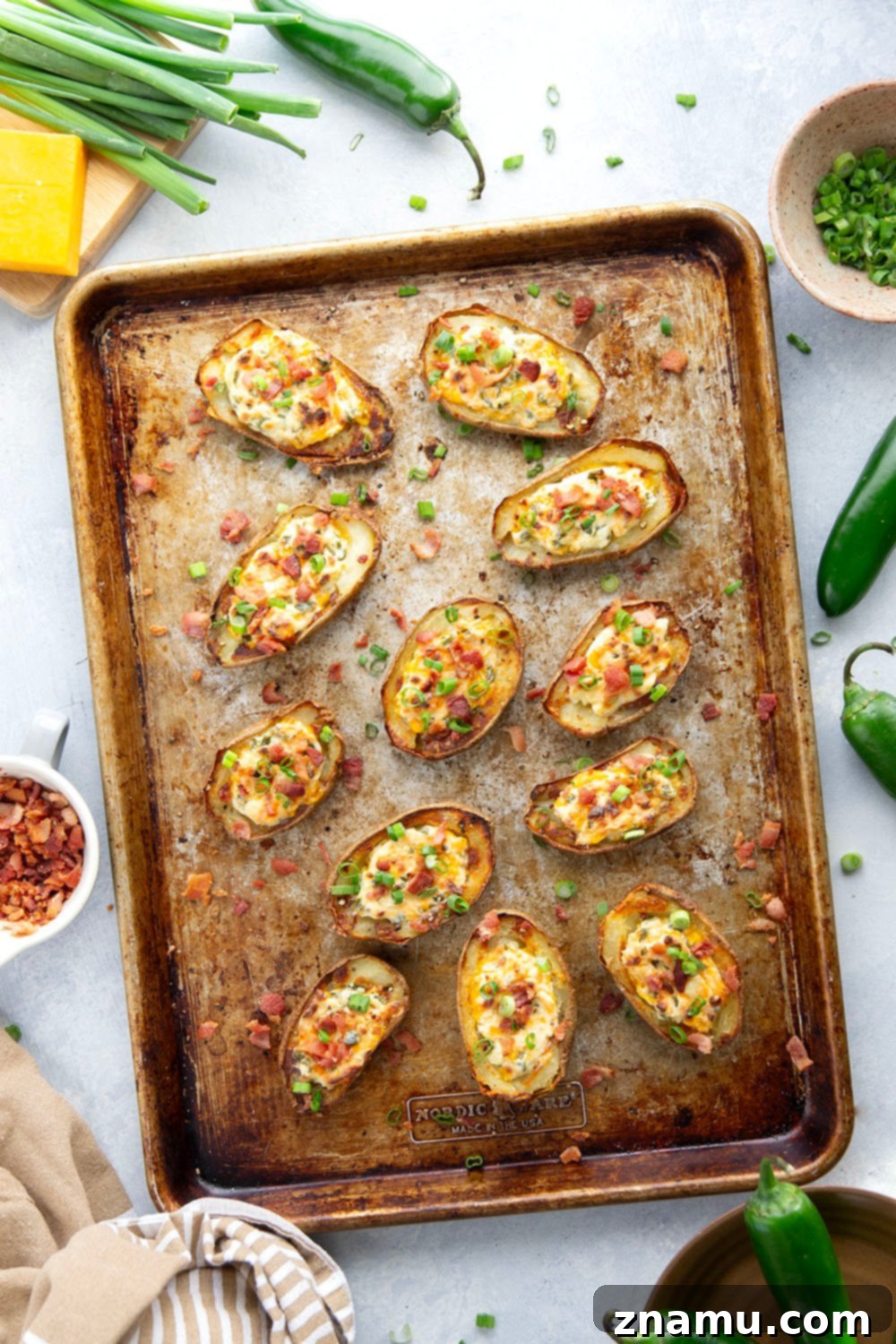 Jalapeño Popper Loaded Potato Skins 3 Close-up of Jalapeno Popper Potato Skins showcasing the cheesy filling and bacon