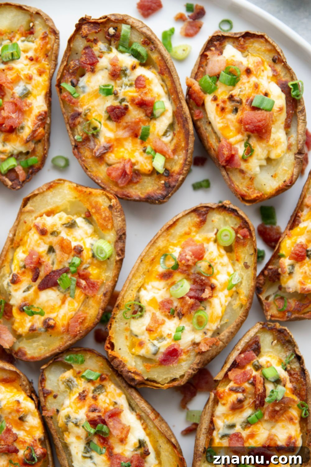 Jalapeño Popper Loaded Potato Skins 4 Baked Jalapeno Popper Potato Skins fresh out of the oven