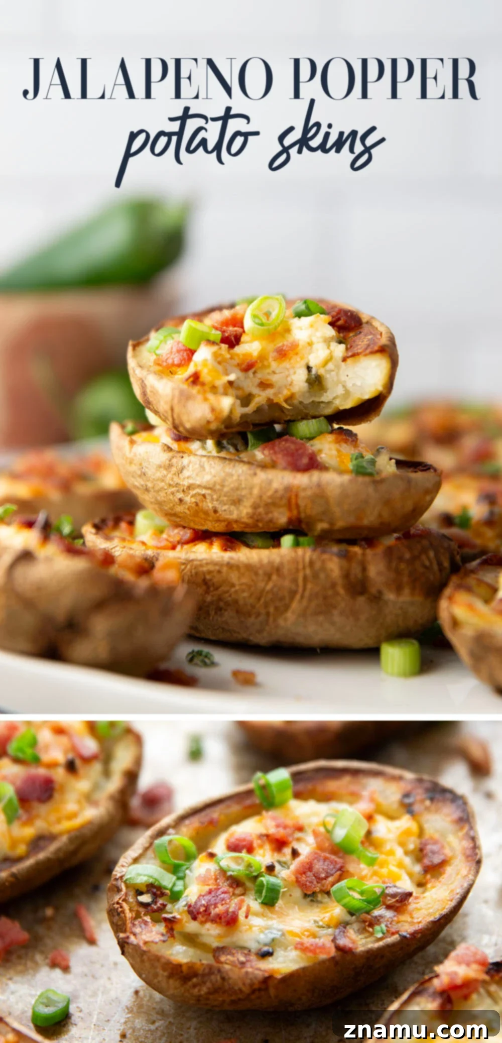 Jalapeño Popper Loaded Potato Skins 7 Overhead shot of Jalapeno Popper Potato Skins arranged on a platter