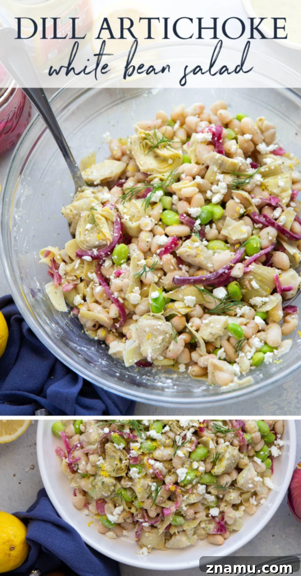 Dill Artichoke White Bean Delight 7 Overhead shot of the finished dill artichoke white bean salad with garnishes.