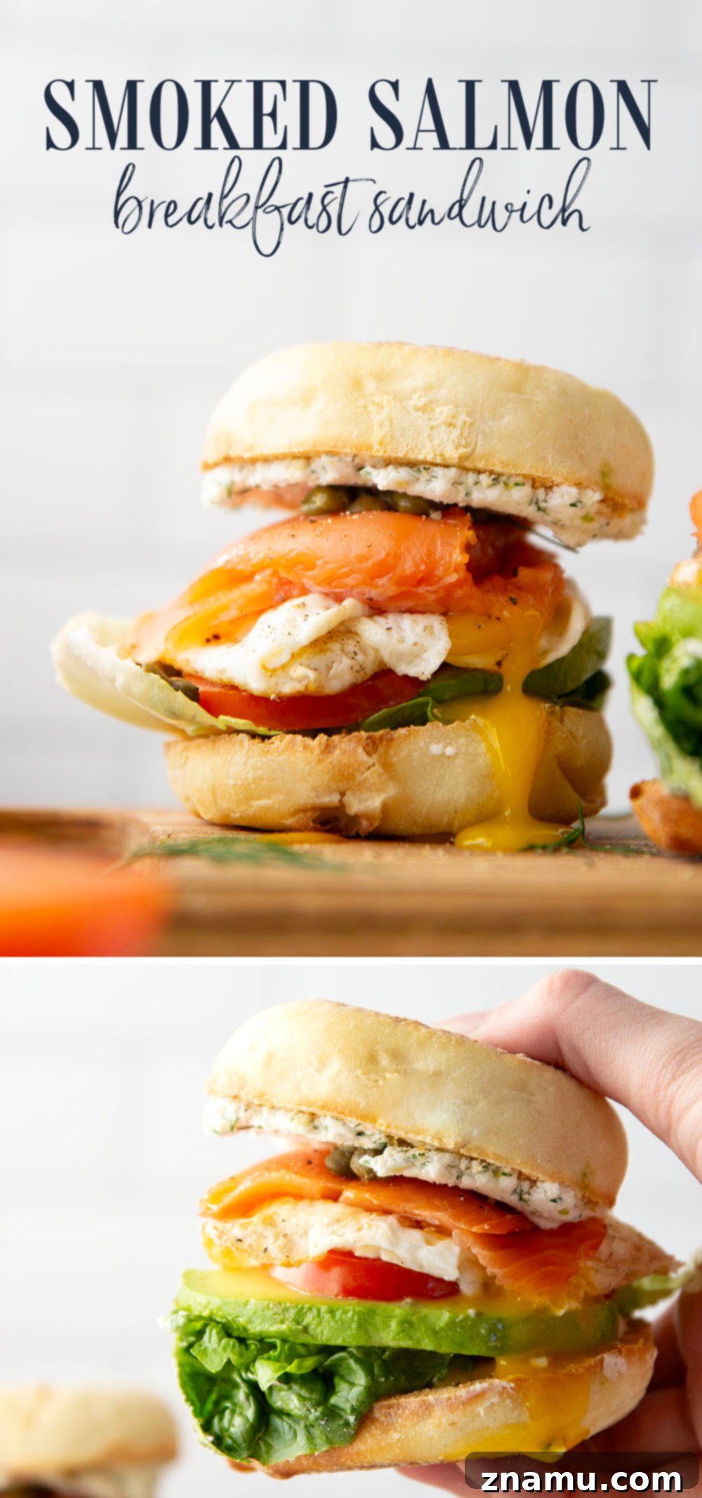 Gourmet Smoked Salmon & Goat Cheese Breakfast Sandwich 7 A top-down view of two prepared smoked salmon breakfast sandwiches.