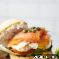 Gourmet Smoked Salmon & Goat Cheese Breakfast Sandwich 8 A creamy herbed goat cheese spread and all the breakfast works are packed into this hearty smoked salmon breakfast sandwich.