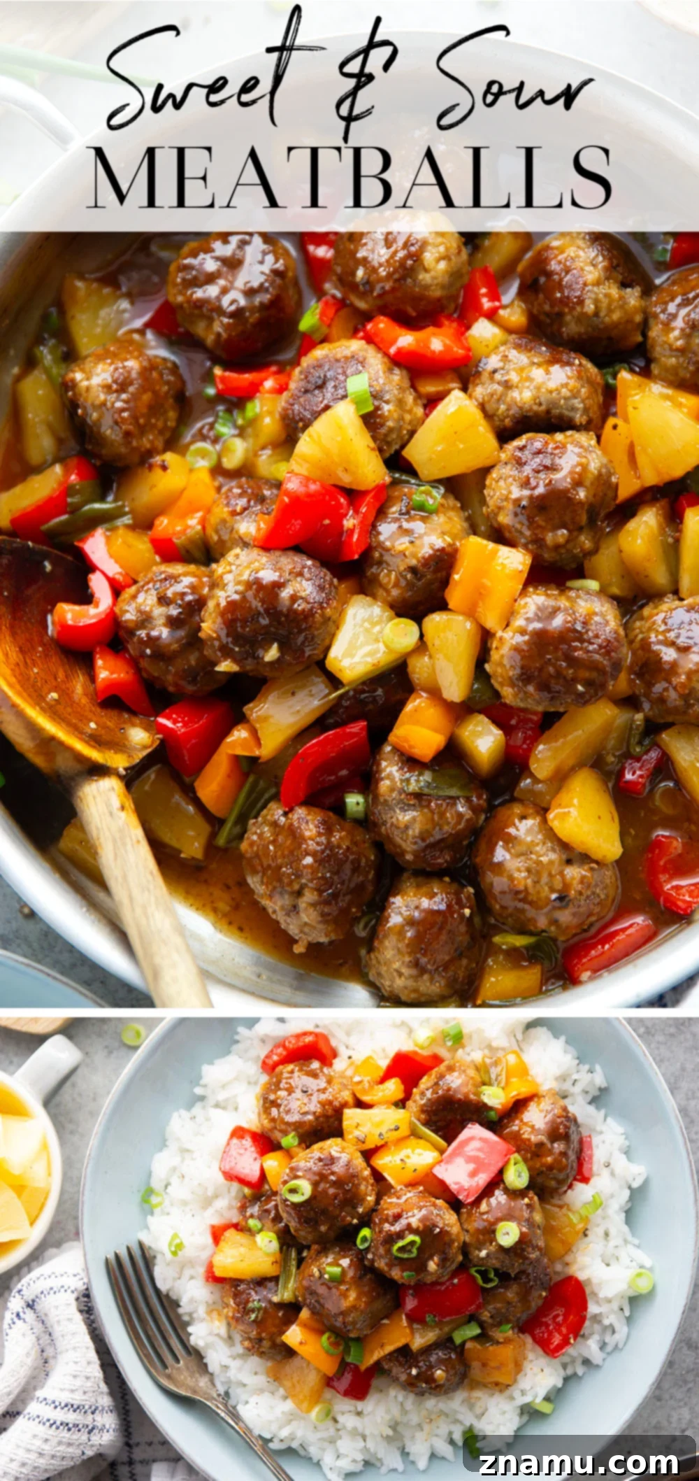 Glazed Meatballs with Peppers 7 A homemade sweet and sour sauce coats every inch of these juicy sweet and sour meatballs that cook up with colorful peppers and sweet pineapple all in one pan.