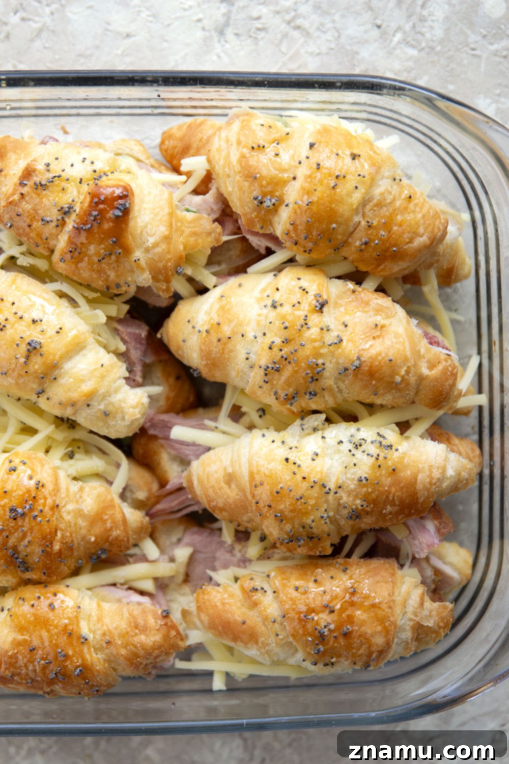 Melted Gruyere Ham Croissant Sliders 3 A tray of freshly baked Gruyere Ham and Cheese Croissant Sliders, ready to be served as an appetizer.