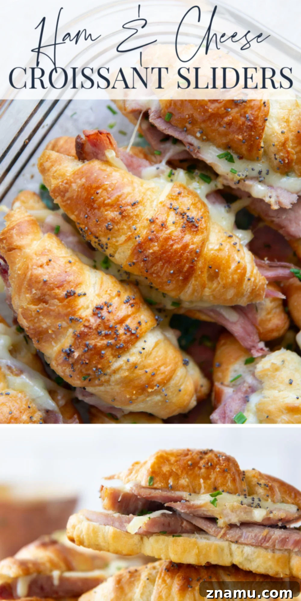 Melted Gruyere Ham Croissant Sliders 7 Delicious Gruyere Ham and Cheese Croissant Sliders plated with fresh herbs.