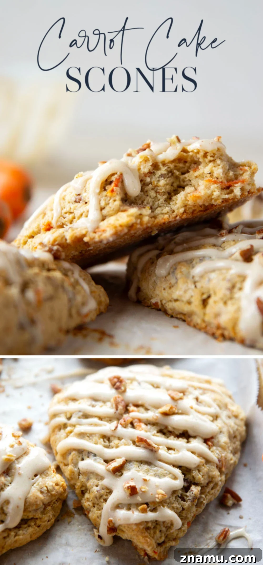 Spiced Carrot Cake Scones 7 Soft and tender carrot cake scones feature lots of toasted pecans, shredded carrots, and a silky cream cheese glaze drizzled on top.
