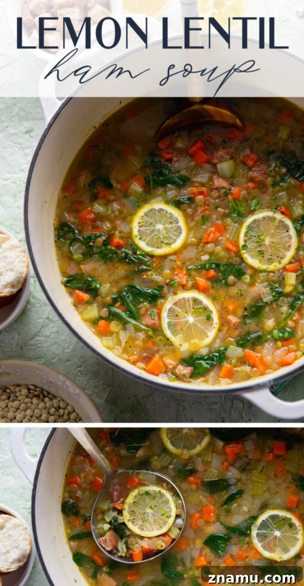 Hearty Lemon Lentil and Ham Soup 7 A bowl of Lemon Lentil Ham Soup garnished with fresh lemon and parsley, ready to be enjoyed.