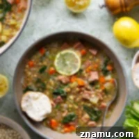 Hearty Lemon Lentil and Ham Soup 8 Tender lentils and lots of fresh lemon jazz up this hearty lentil ham soup that comes together all in one pot and is the best use for leftover ham!
