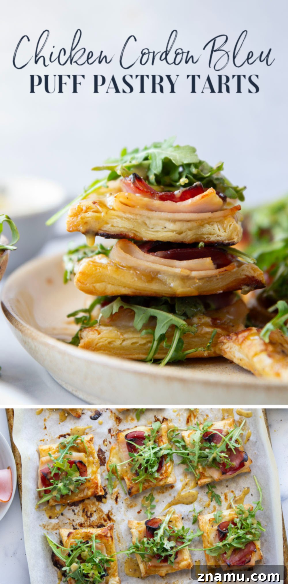 Flaky Chicken Cordon Bleu Tartlets 7 These savory cordon bleu puff pastry tarts have everything you'll find in the classic chicken dish in hand-held tart form! These tarts feature layers of deli ham, chicken, and Swiss cheese slices with a tangy honey mustard and lots of arugula piled on top.