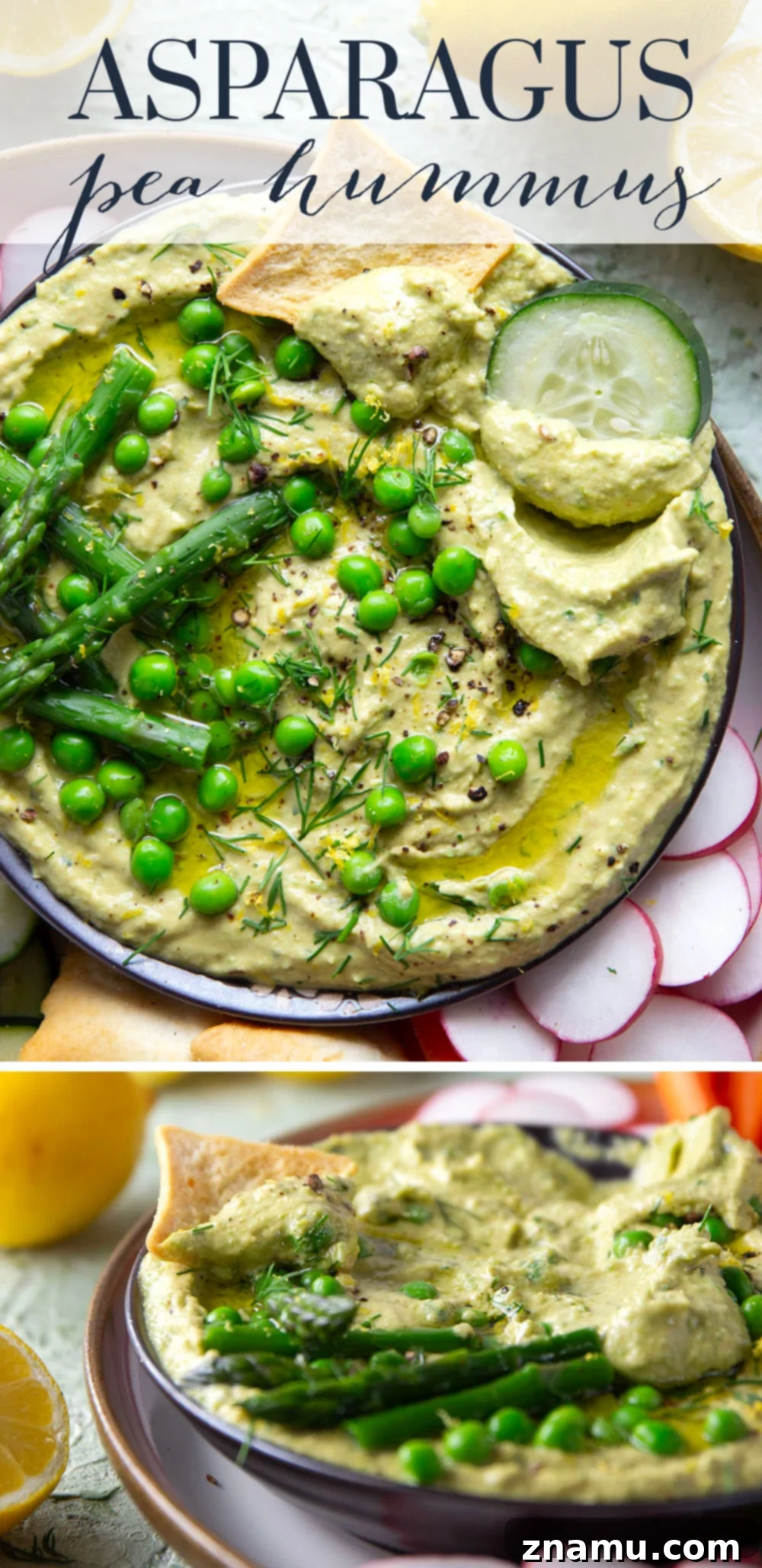 Emerald Asparagus Pea Hummus 7 A top-down shot of a large bowl of asparagus pea hummus, garnished with fresh herbs, olive oil, and whole peas, ready for serving.