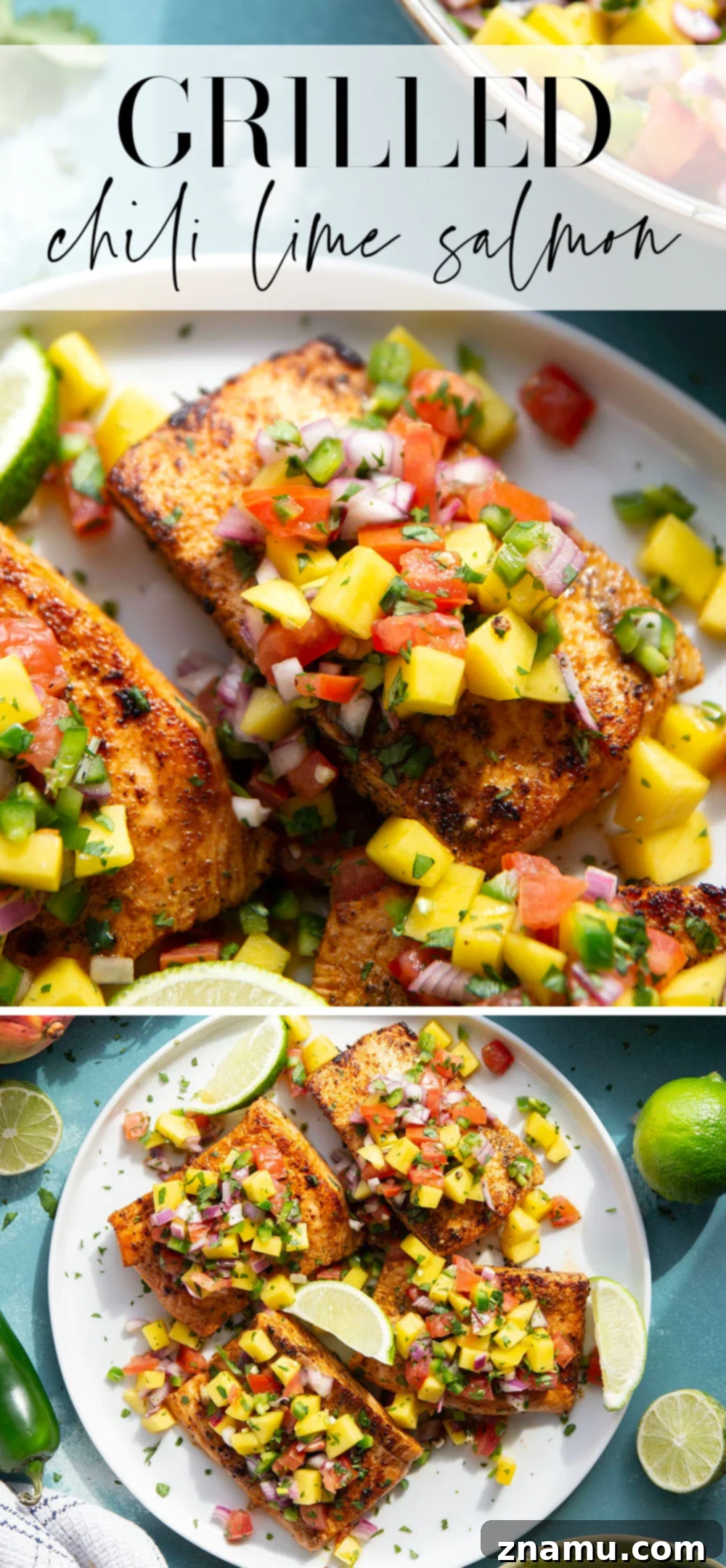 Marinated in a fresh lime and chili sauce, grilled to perfection, and topped with a super fresh mango salsa, this grilled chili lime salmon is an easy dinner that's full of flavor!