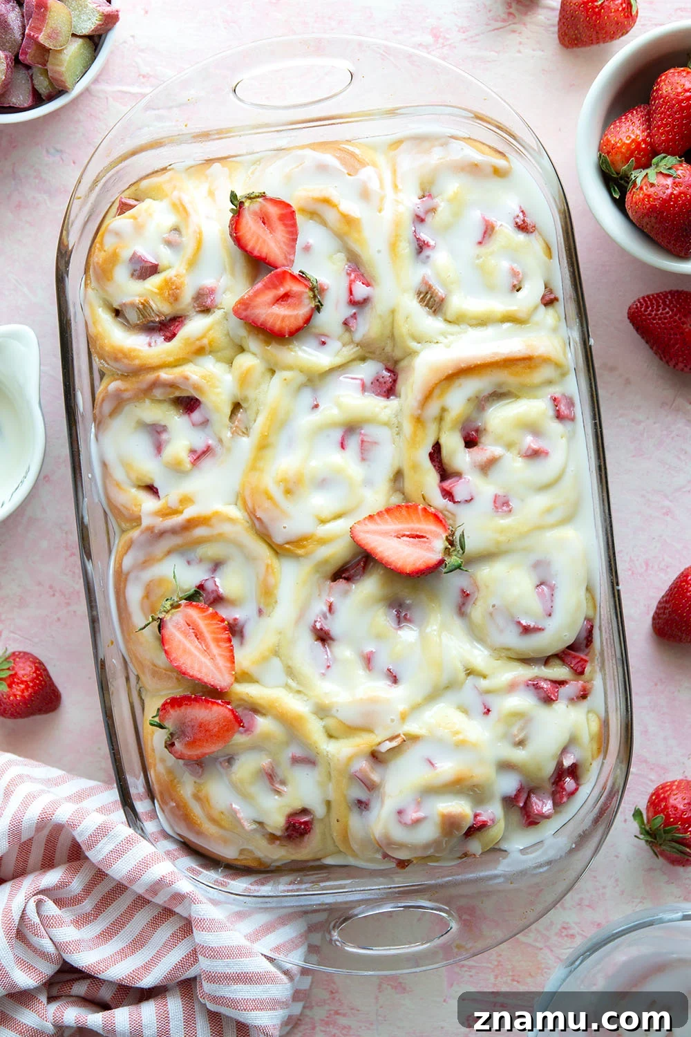 Strawberry Rhubarb Sweet Rolls with Cream Cheese Glaze 3 Melt-in-your-mouth fluffy sweet rolls are stuffed with a sweet and tangy rhubarb strawberry filling for the ultimate twist on strawberry sweet rolls!