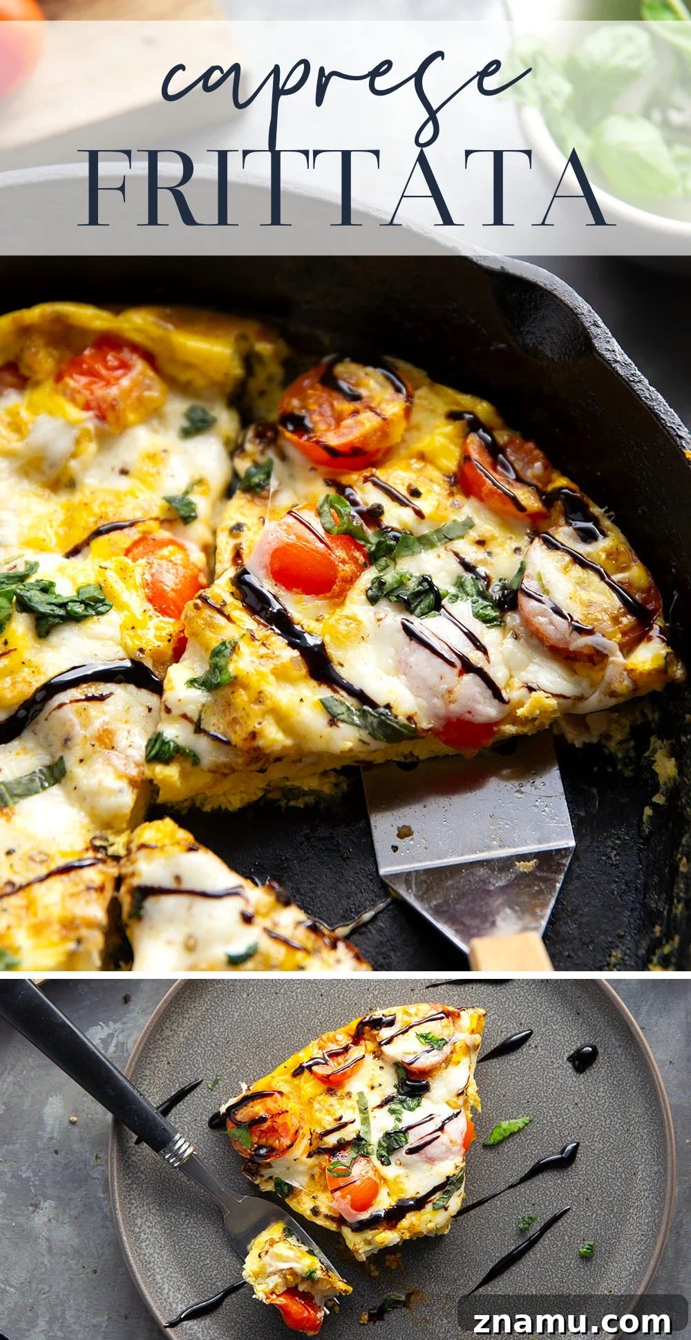 Caprese Frittata Recipe with Fresh Tomatoes, Basil & Mozzarella 7 Finished caprese frittata on a cutting board, ready to serve.