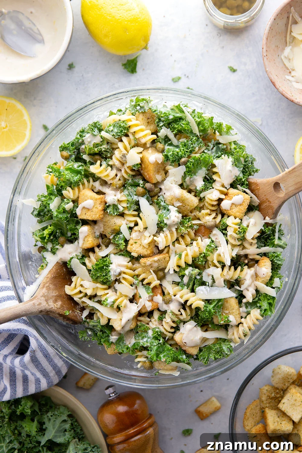 Creamy Lemon Kale Caesar Pasta Salad Recipe 5 Packed with tender chopped kale, pasta, and all the caesar salad works including a homemade lemon caesar dressing, this kale caesar pasta salad will soon be a cookout staple for the summer.