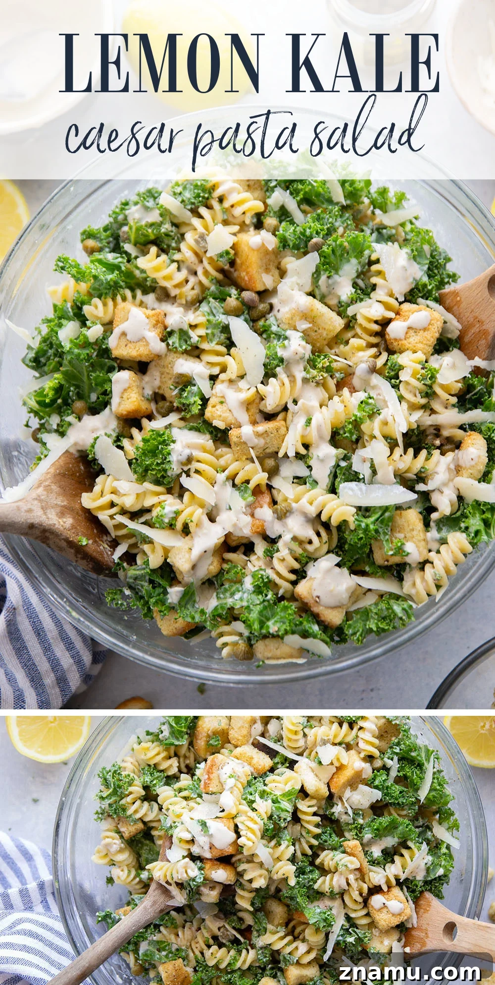 Creamy Lemon Kale Caesar Pasta Salad Recipe 7 Packed with tender chopped kale, pasta, and all the caesar salad works including a homemade lemon caesar dressing, this kale caesar pasta salad will soon be a cookout staple for the summer.