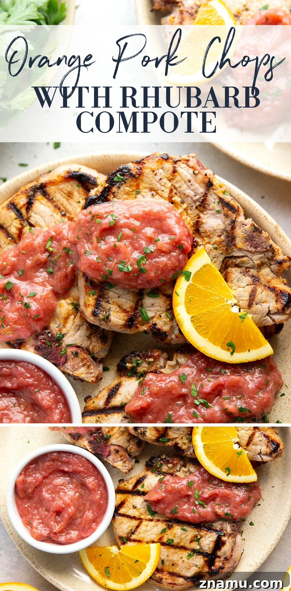 These grilled orange pork chops feature pork chops marinated in a fresh orange marinade, grilled until perfectly juicy, and served with a sweet and tangy rhubarb compote.