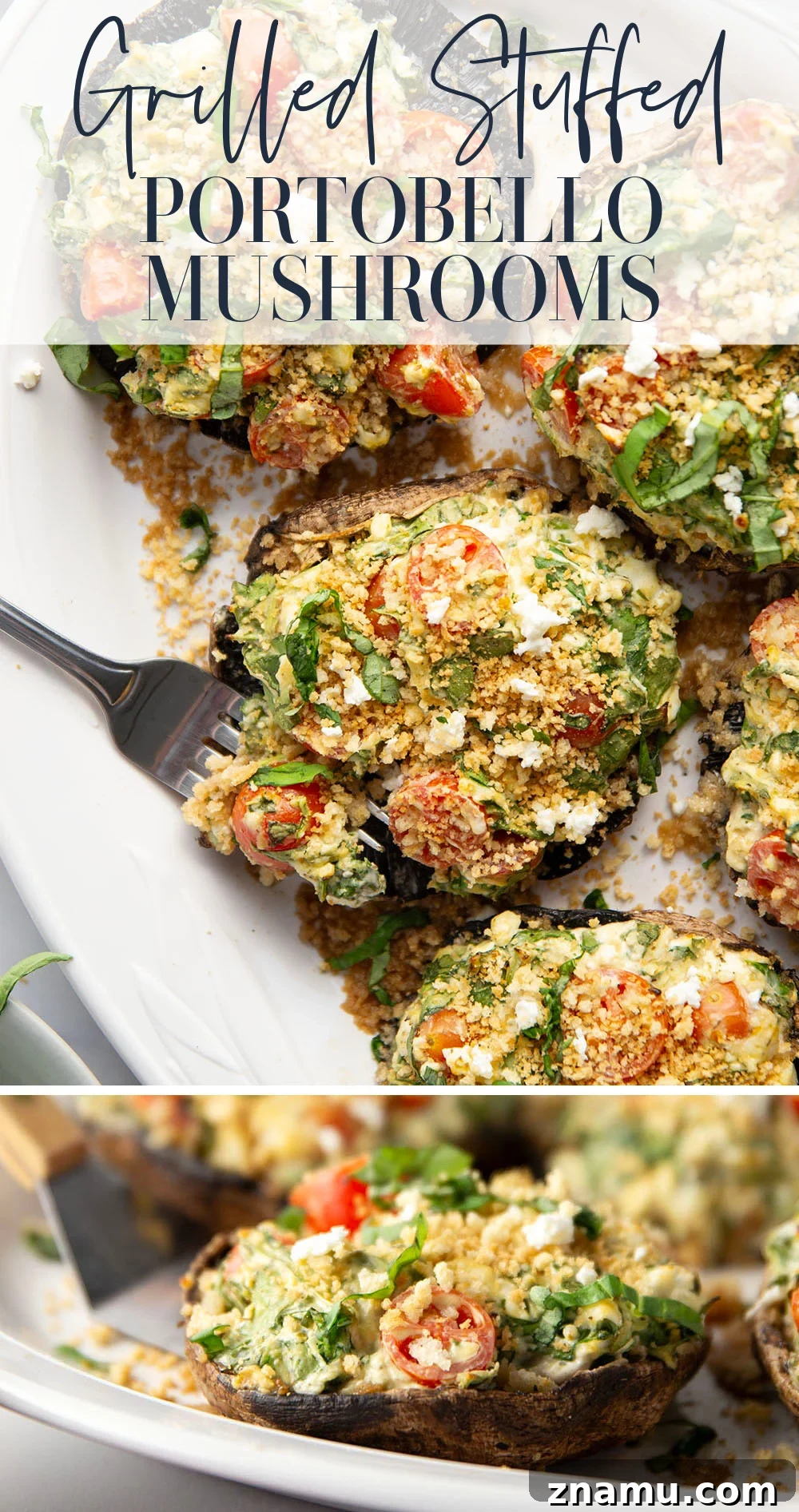 Grilled Portobello Mushrooms Stuffed with Herbed Goat Cheese 7 These stuffed portobello mushrooms include a fresh cherry tomato spinach feta filling stuffed into tender portobello caps and grilled for just a few minutes until perfectly tender and smoky.