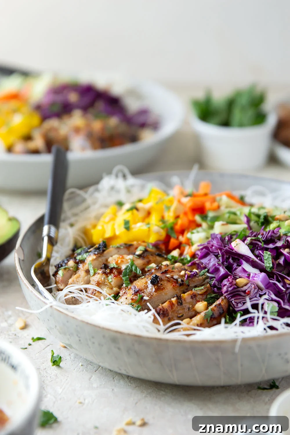 Lemongrass marinated grilled chicken and all the fresh spring roll ingredients collide in these colorful spring roll bowls. Easy to prep ahead for healthy lunches or dinners!