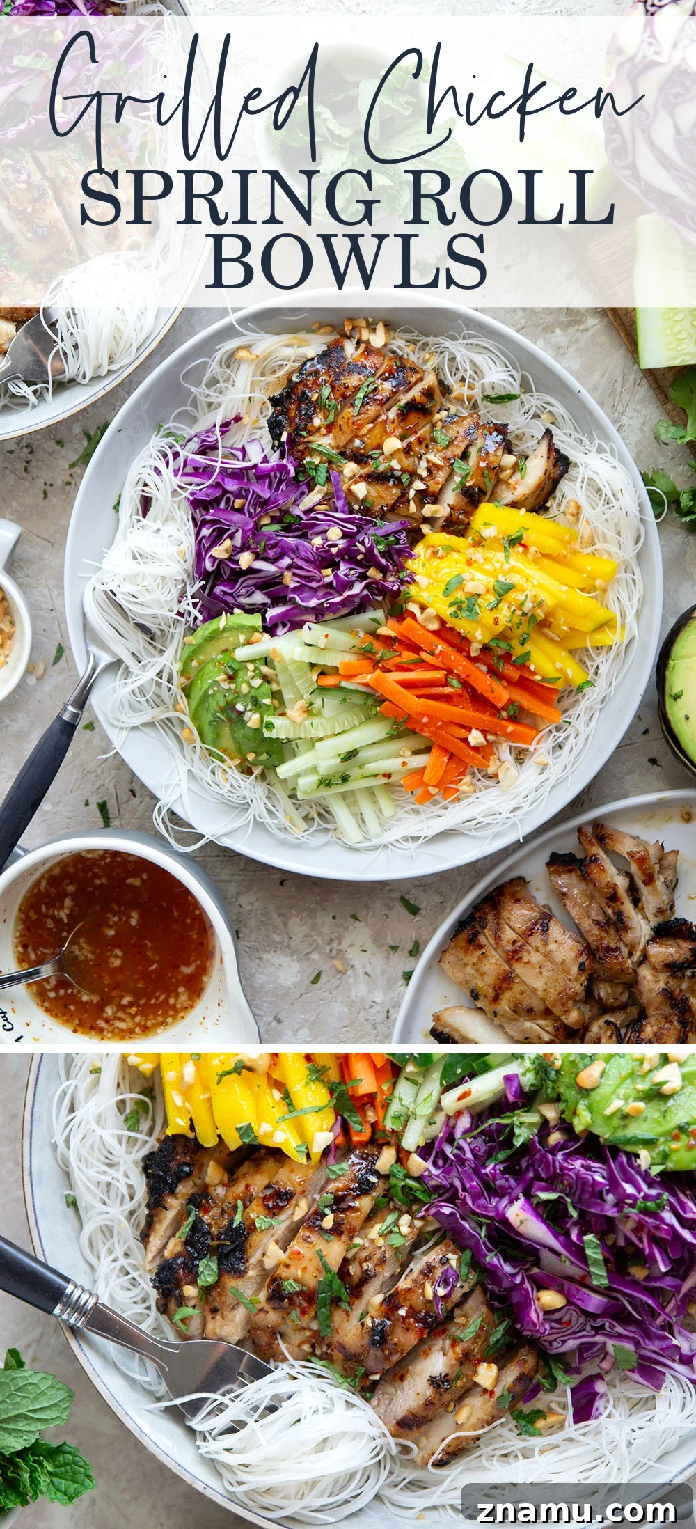 Lemongrass marinated grilled chicken and all the fresh spring roll ingredients collide in these colorful spring roll bowls. Easy to prep ahead for healthy lunches or dinners!