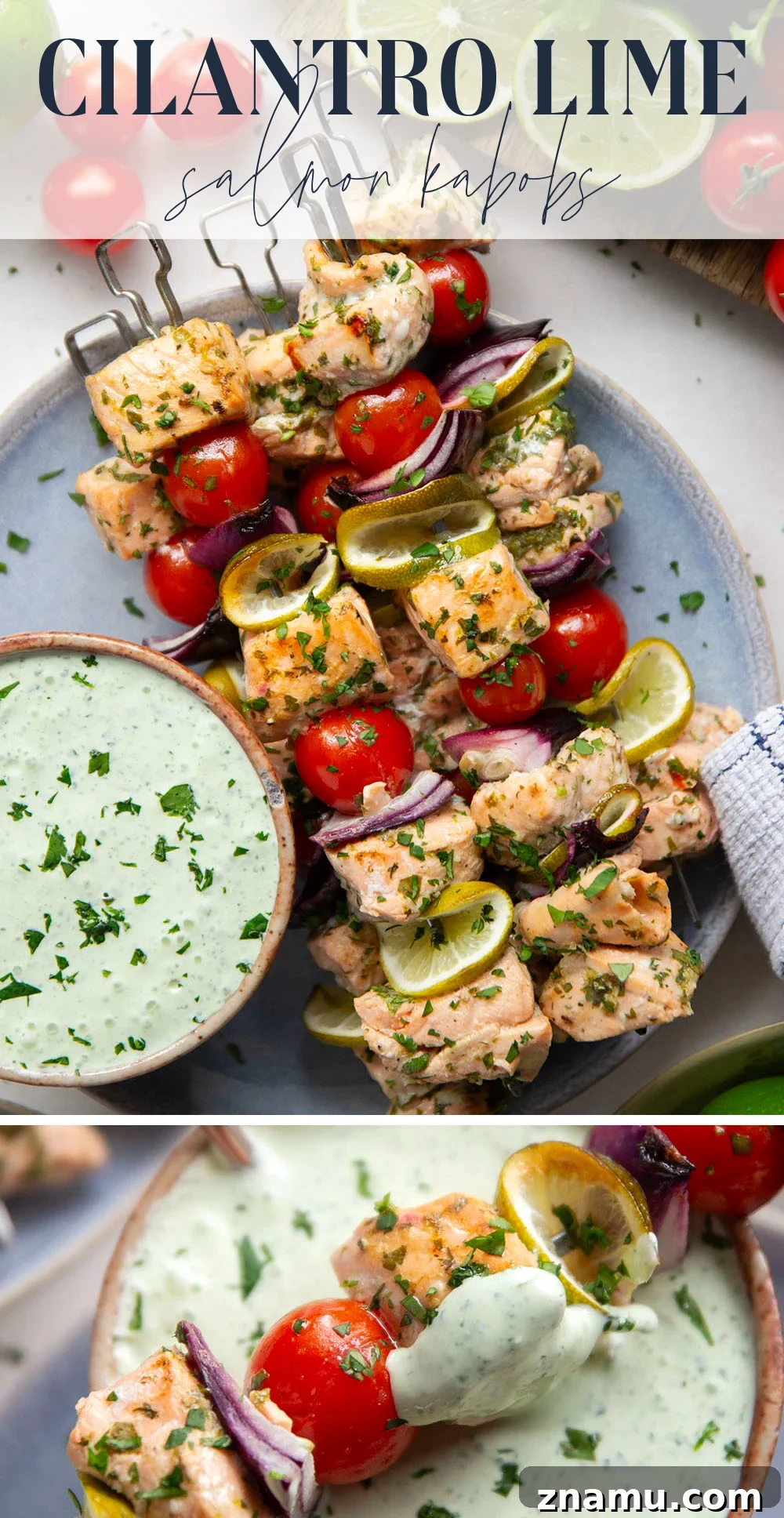 Cilantro-Lime Grilled Salmon Skewers for Summer BBQs 7 Marinated in a fresh cilantro lime sauce and grilled alongside red onion, cherry tomatoes, and served with a cilantro lime crema, these cilantro lime grilled salmon kabobs are a quick dinner to throw on the grill for any occasion.