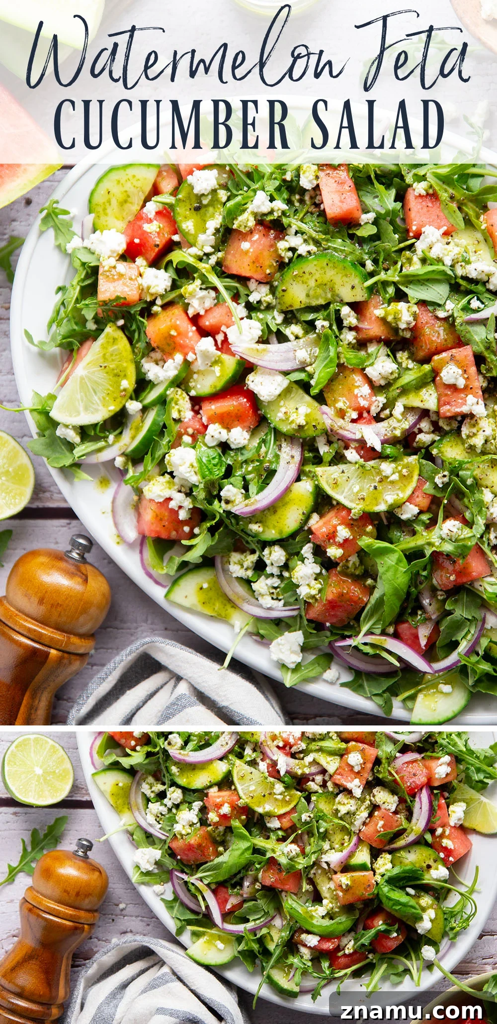 Sweet watermelon, tangy feta, and crisp cucumbers are the best salad combo in this watermelon feta cucumber salad that gets dressed in a fresh basil lime dressing and goes well with any summer meal.