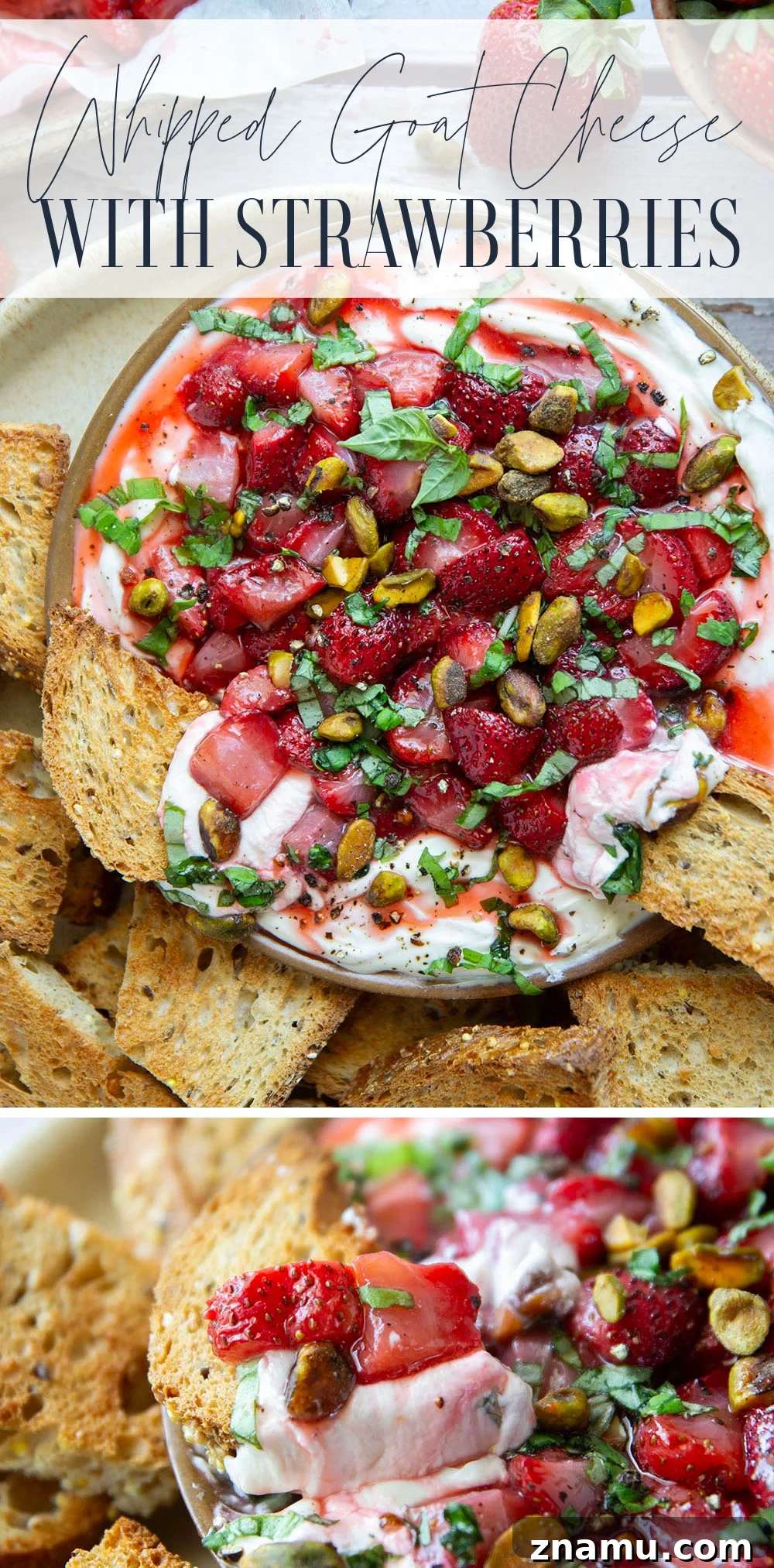 Whipped Goat Cheese with Honey-Roasted Strawberries Recipe 7 Silky whipped goat cheese is topped with juicy honey roasted strawberries and incredible served with crostini for dipping.