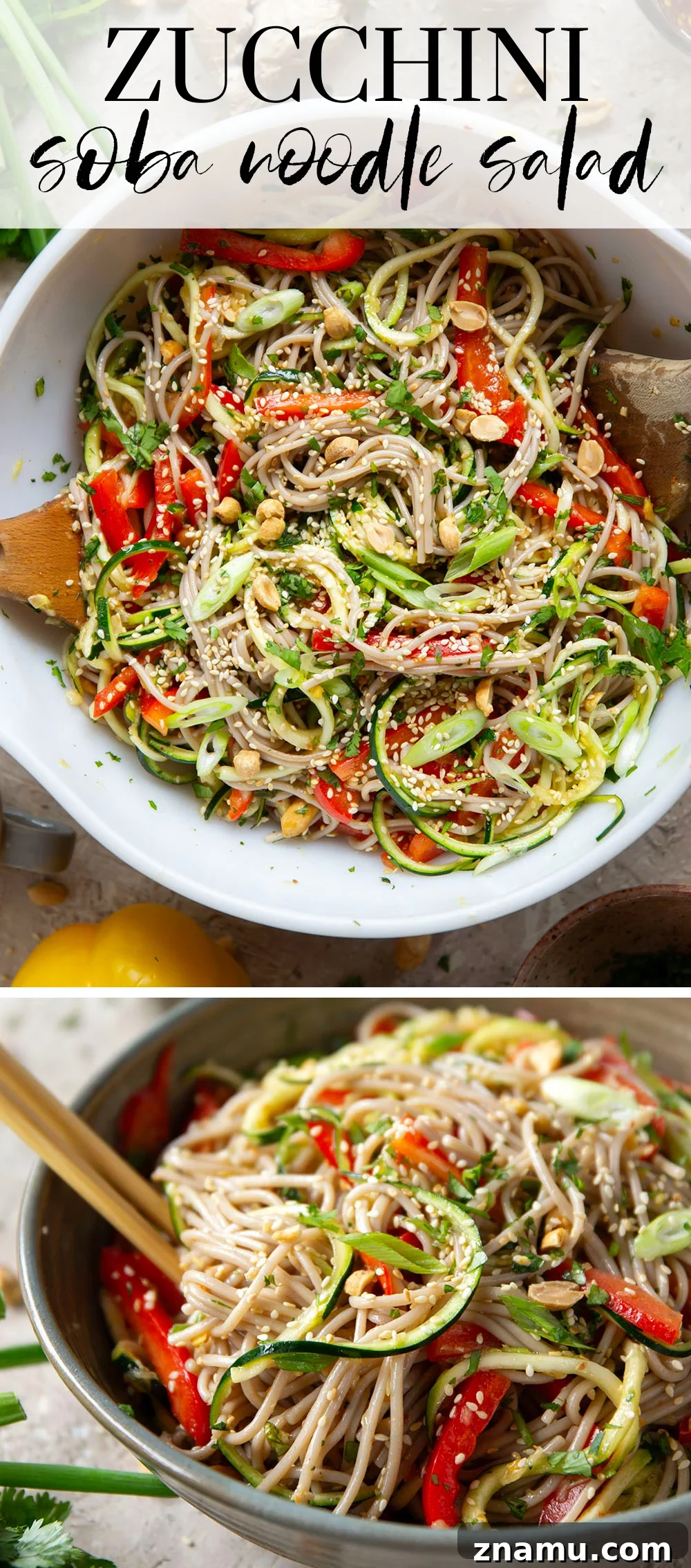 Zucchini Soba Salad with Sesame-Ginger Dressing 7 Zucchini and soba noodles are the perfect salad base in this zucchini soba noodle salad that features crunchy sweet peppers, lots of fresh herbs, and a flavorful fresh ginger sesame dressing.