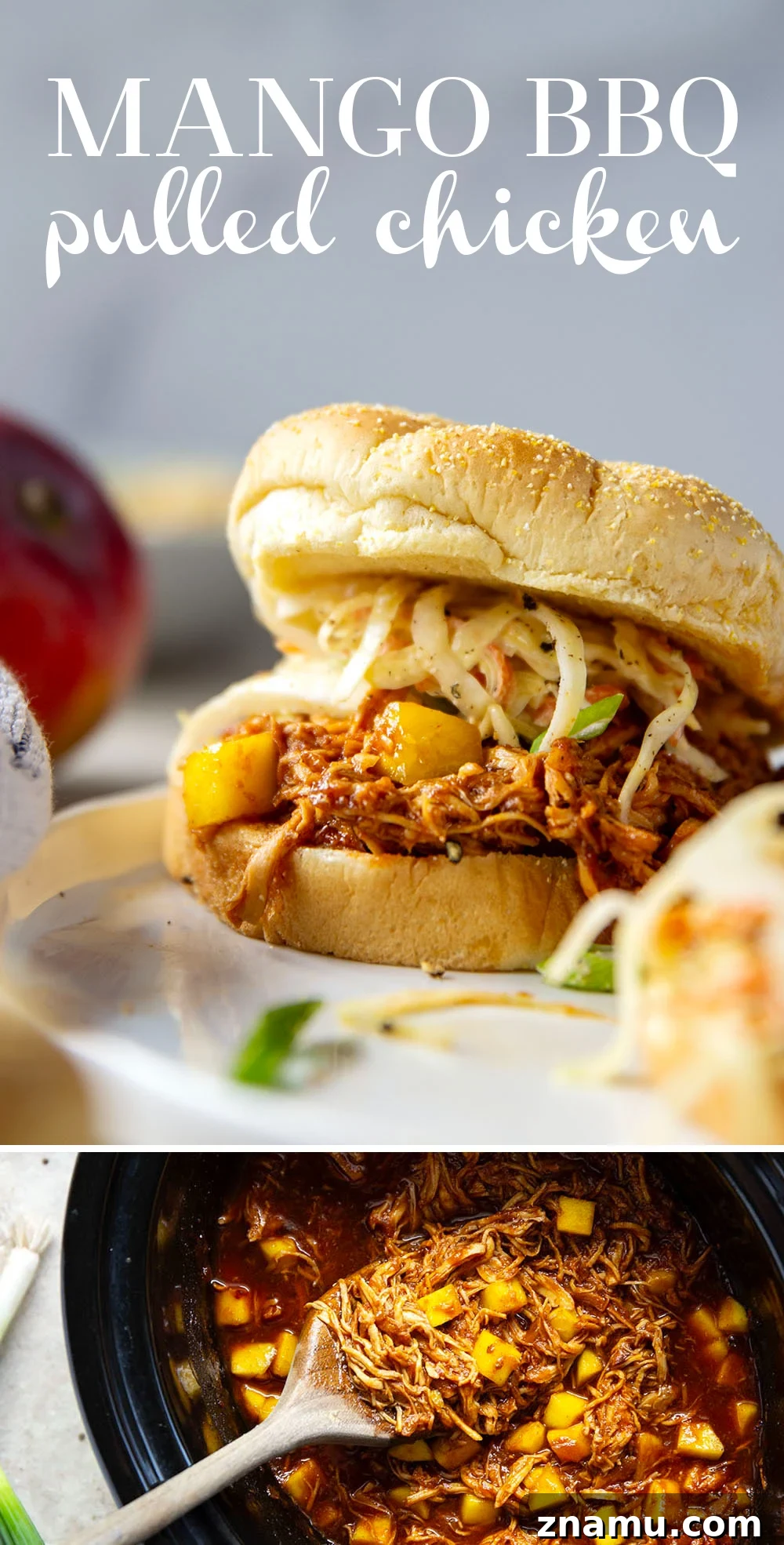 Pulled Mango BBQ Chicken Sandwich with Tangy Slaw 7 Final pulled mango BBQ chicken sandwich.