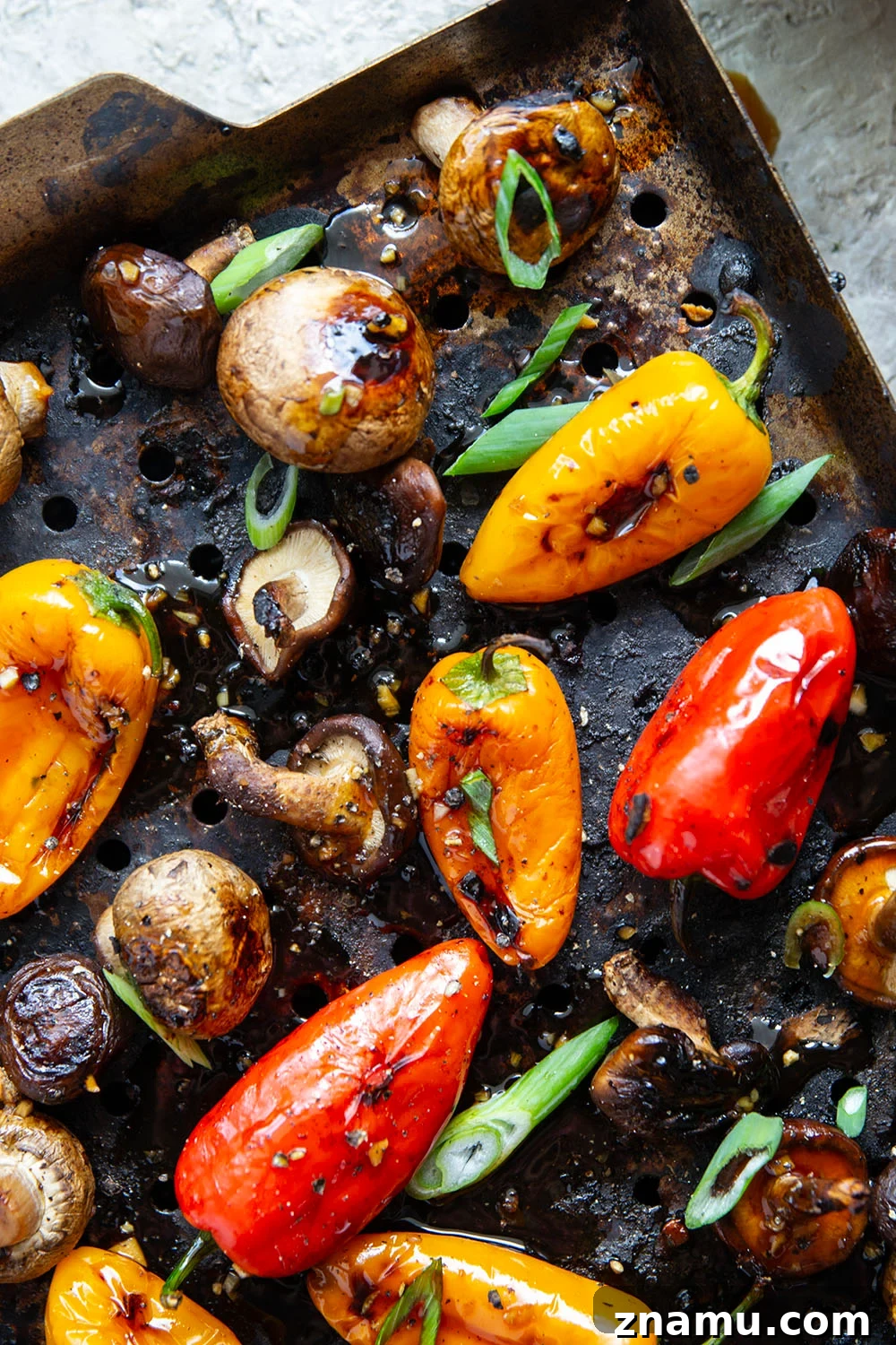 Soy-Marinated Grilled Mushrooms and Peppers 5 A mix of mushrooms and mini sweet peppers are marinated for hours in a flavorful soy marinade, grilled until tender and smoky, and topped with lots of green onions for an easy summer veggie side dish.