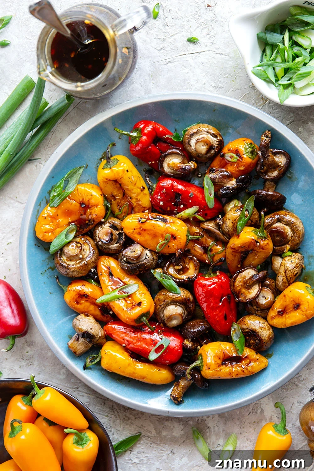 Soy-Marinated Grilled Mushrooms and Peppers 6 A mix of mushrooms and mini sweet peppers are marinated for hours in a flavorful soy marinade, grilled until tender and smoky, and topped with lots of green onions for an easy summer veggie side dish.