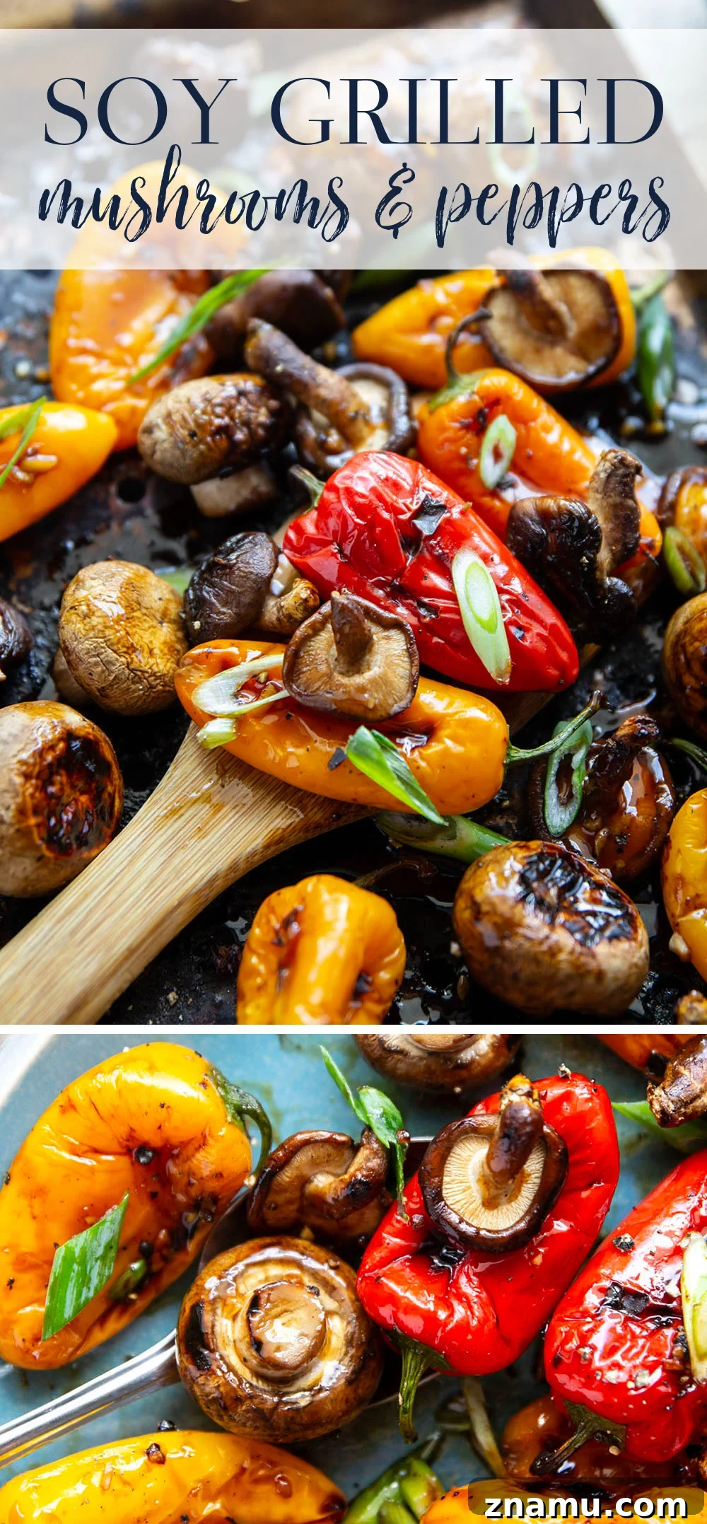 Soy-Marinated Grilled Mushrooms and Peppers 7 A mix of mushrooms and mini sweet peppers are marinated for hours in a flavorful soy marinade, grilled until tender and smoky, and topped with lots of green onions for an easy summer veggie side dish.