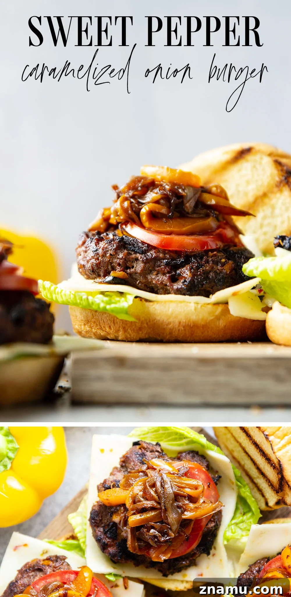 Juicy Burger with Caramelized Onions and Sweet Peppers 7 This juicy caramelized onion burger features caramelized onions and sweet peppers packed both inside the burger for extra flavor and more piled on top with a slice of pepperjack cheese and crisp lettuce.