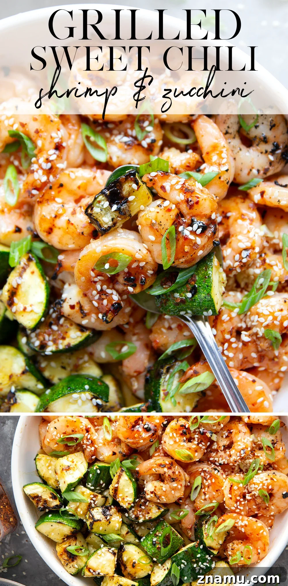 Grilled in spicy sweet chili sauce alongside tender zucchini cubes, this grilled sweet chili shrimp is a quick summer meal that's fantastic as an appetizer or served alongside rice.