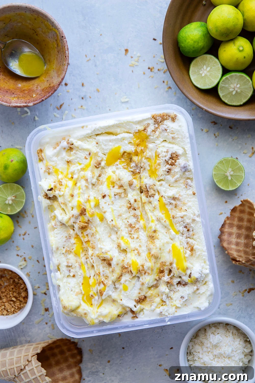 Coconut Ice Cream with Key Lime Pie Swirl 3 Scoop of key lime pie ice cream garnished with toasted coconut and graham cracker crumbs