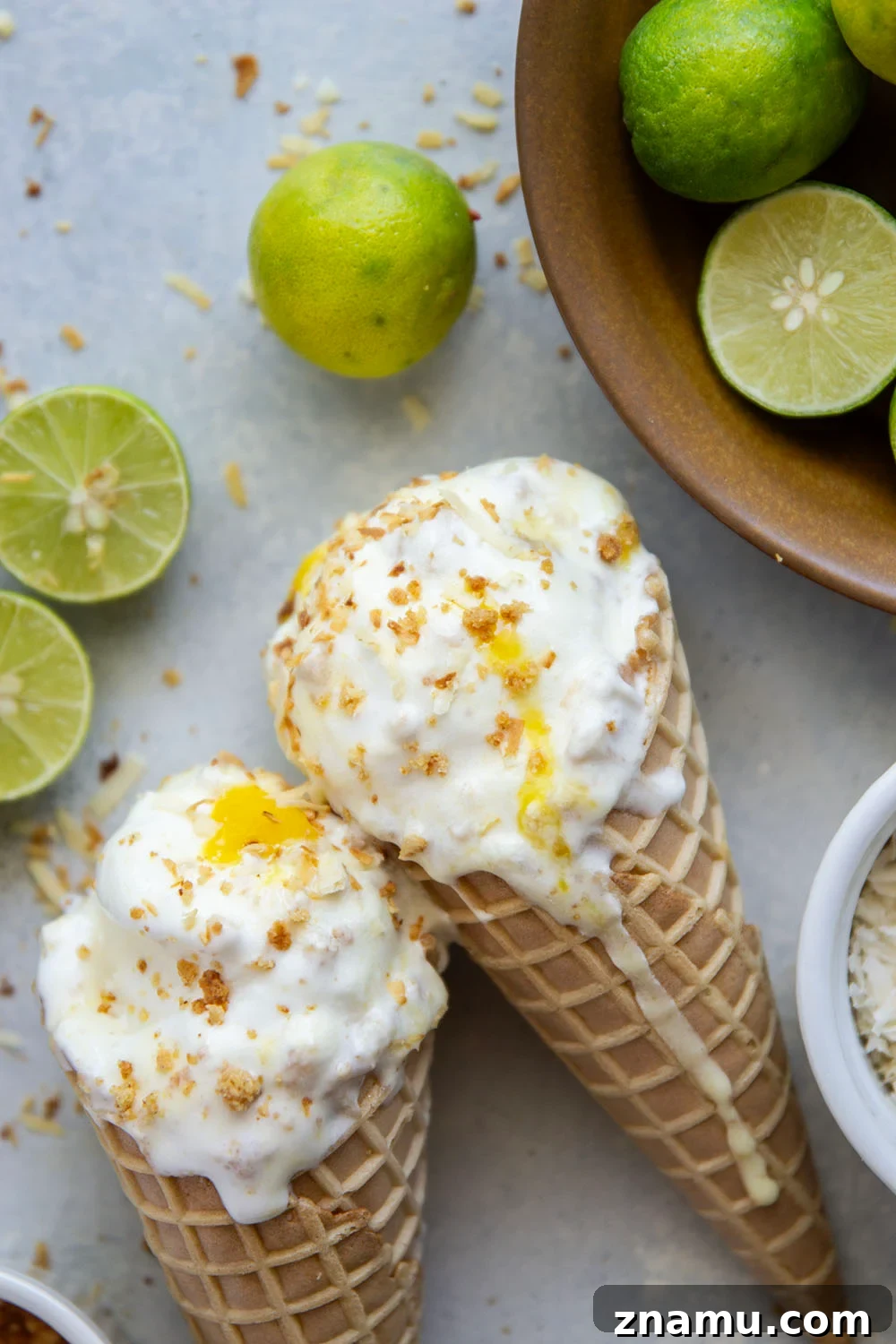 Coconut Ice Cream with Key Lime Pie Swirl 5 Container of churned key lime pie ice cream with swirls of curd