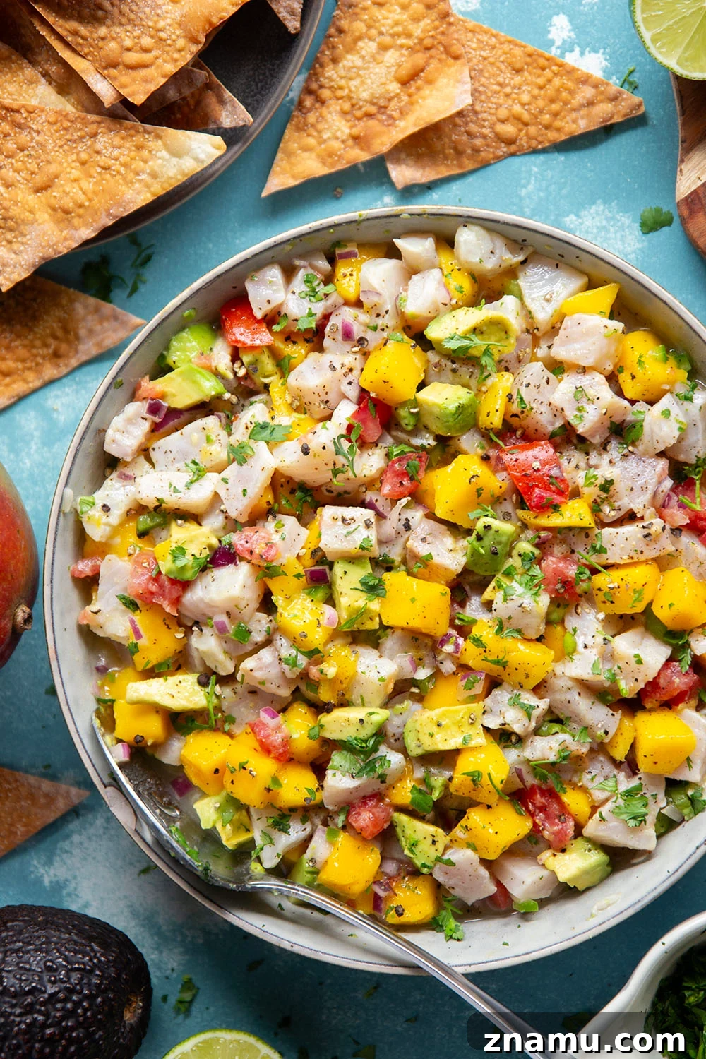 Mango Ceviche with Crispy Wonton Chips 6 Mango ceviche with cilantro and lime