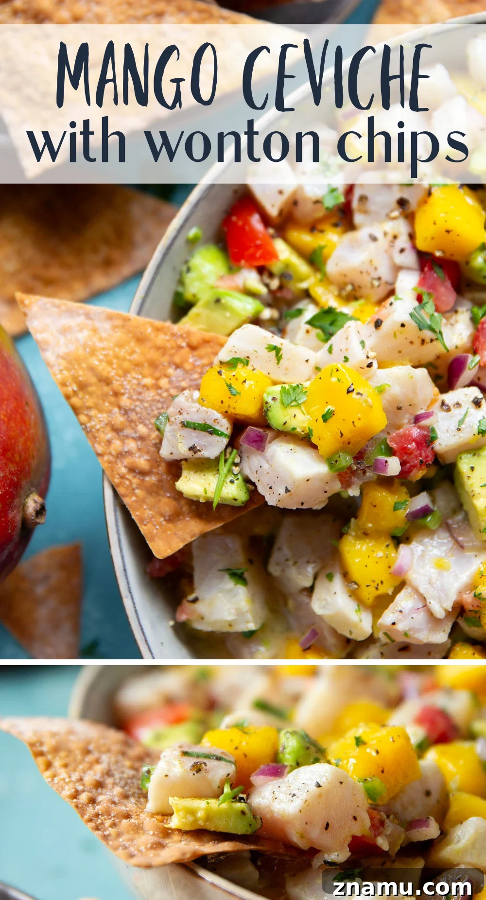 Mango Ceviche with Crispy Wonton Chips 7 Served mango ceviche with lime and cilantro
