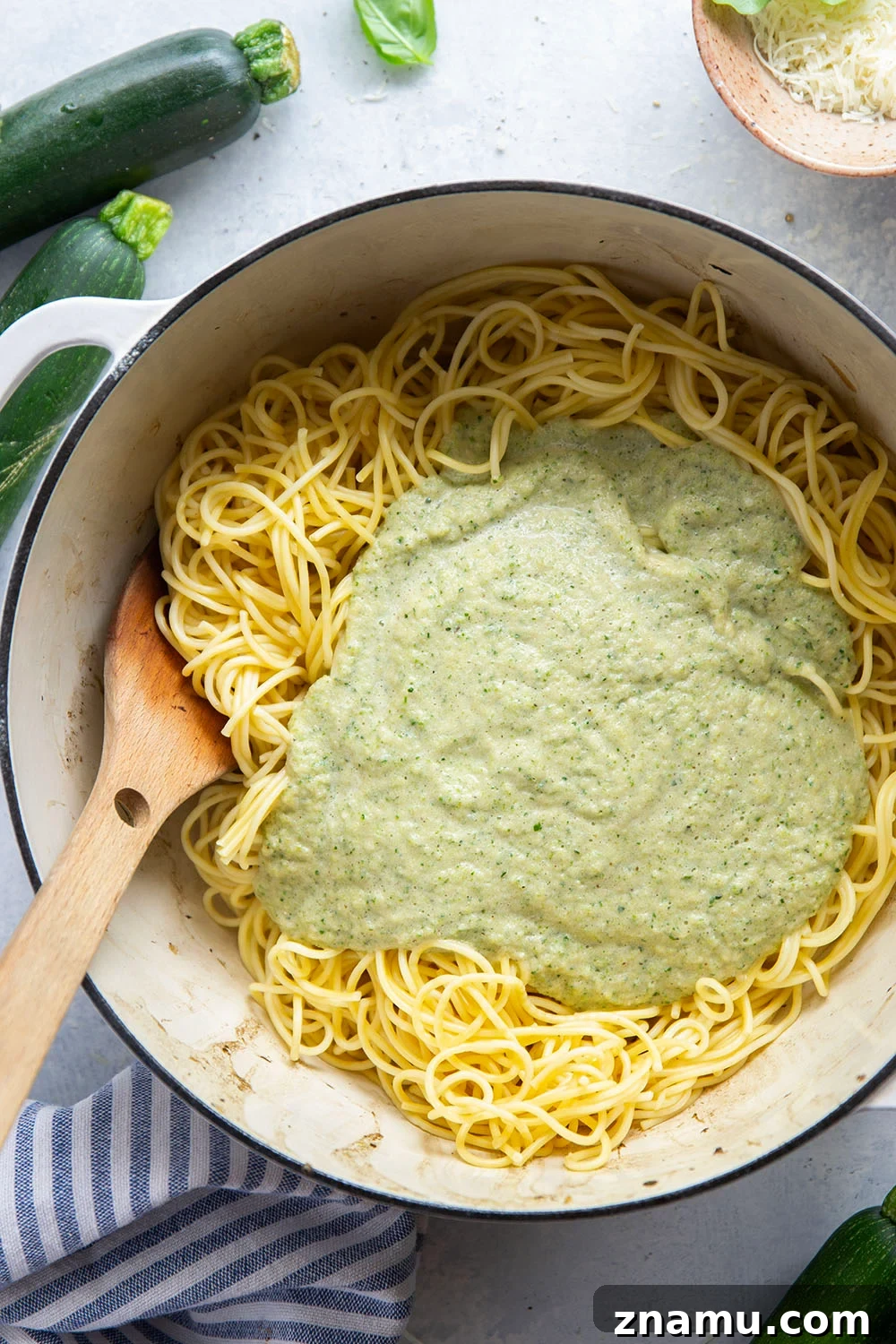 Fresh basil and zucchini blended into a light green sauce.