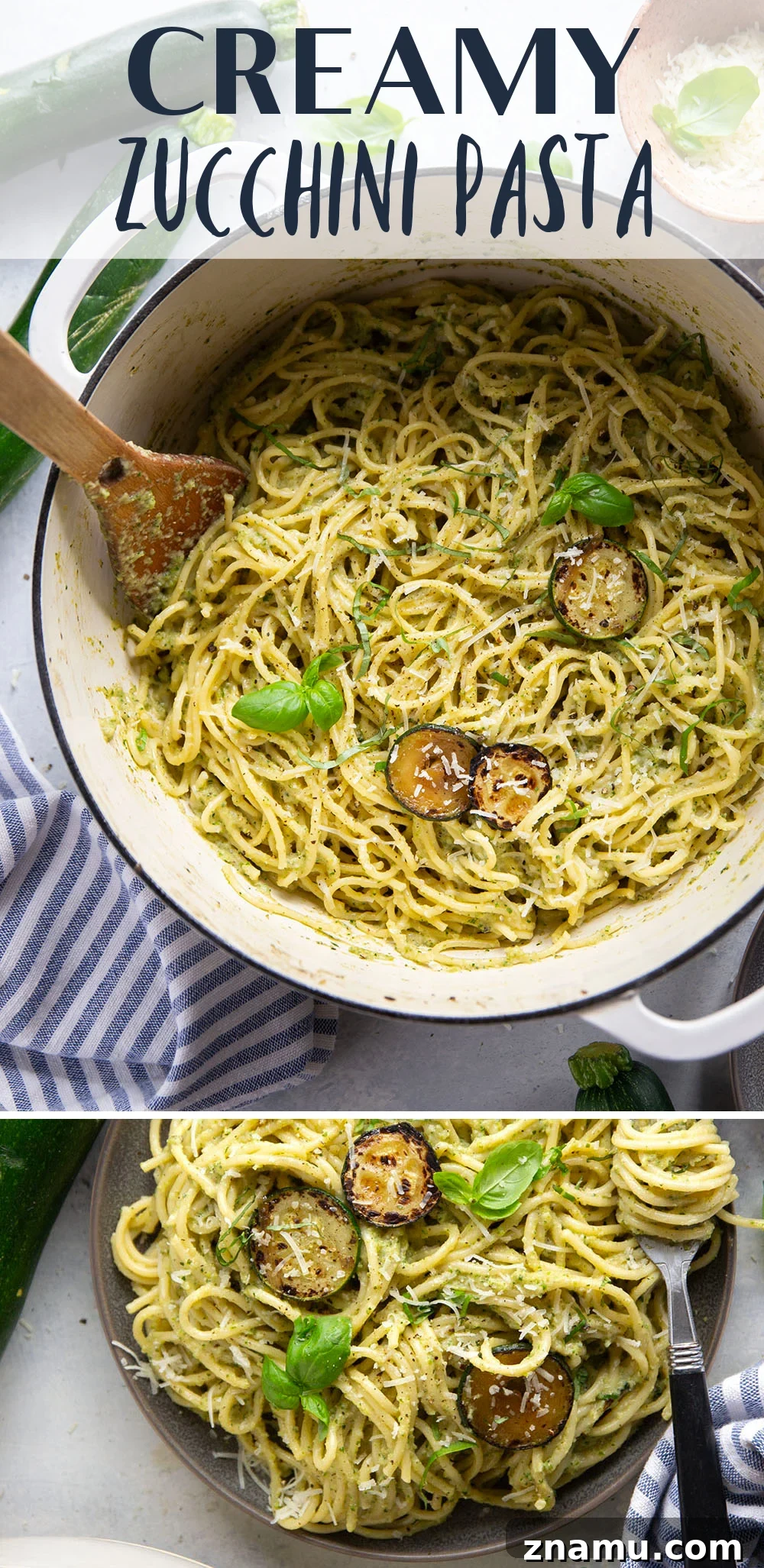 Creamy zucchini pasta plated and ready to serve.