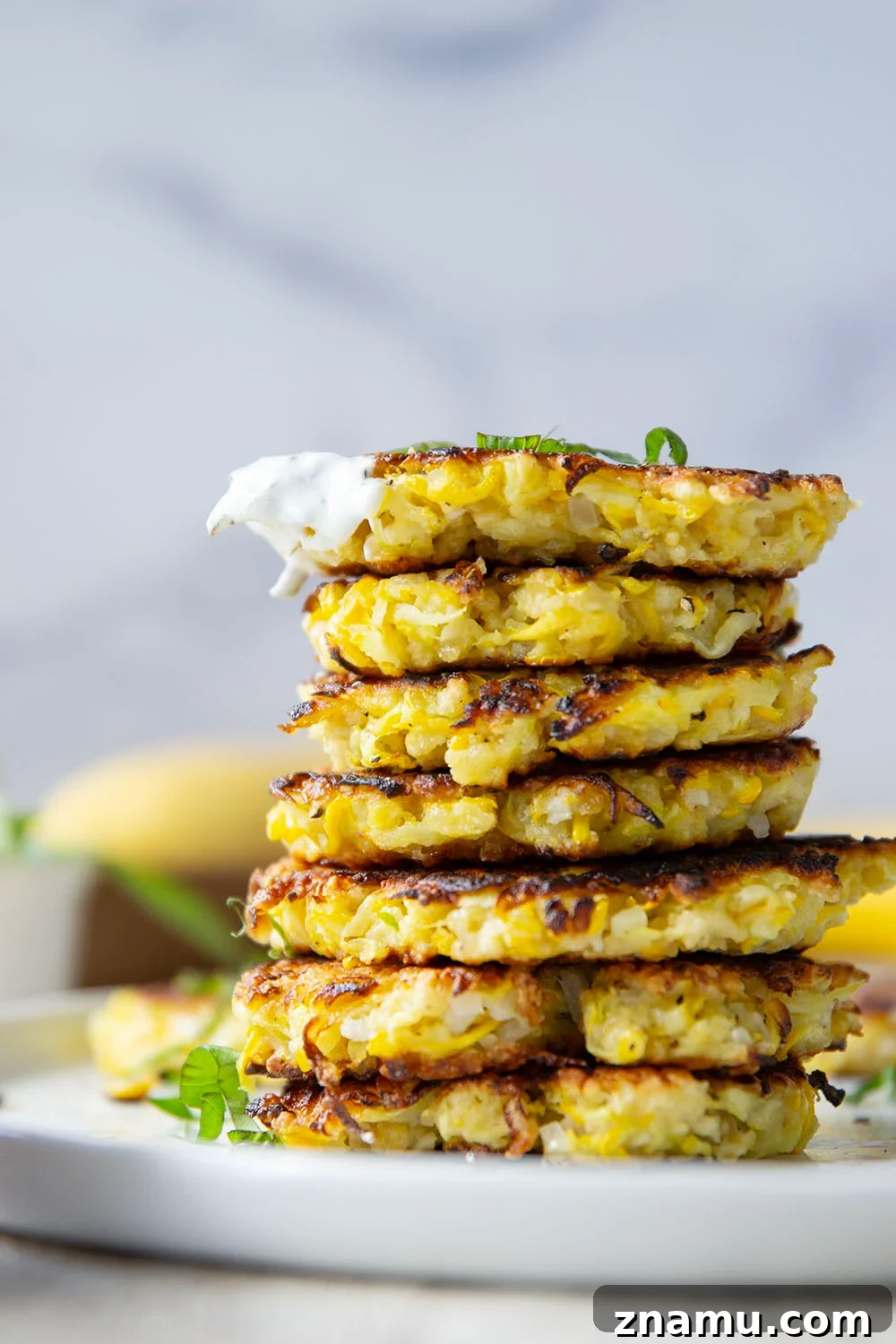 Crispy Yellow Squash Fritters with Basil Sour Cream 5 These yellow squash fritters feature perfectly crispy exteriors with a moist, flavorful texture inside. Serve them hot and crispy from the skillet with an herby fresh basil sour cream.