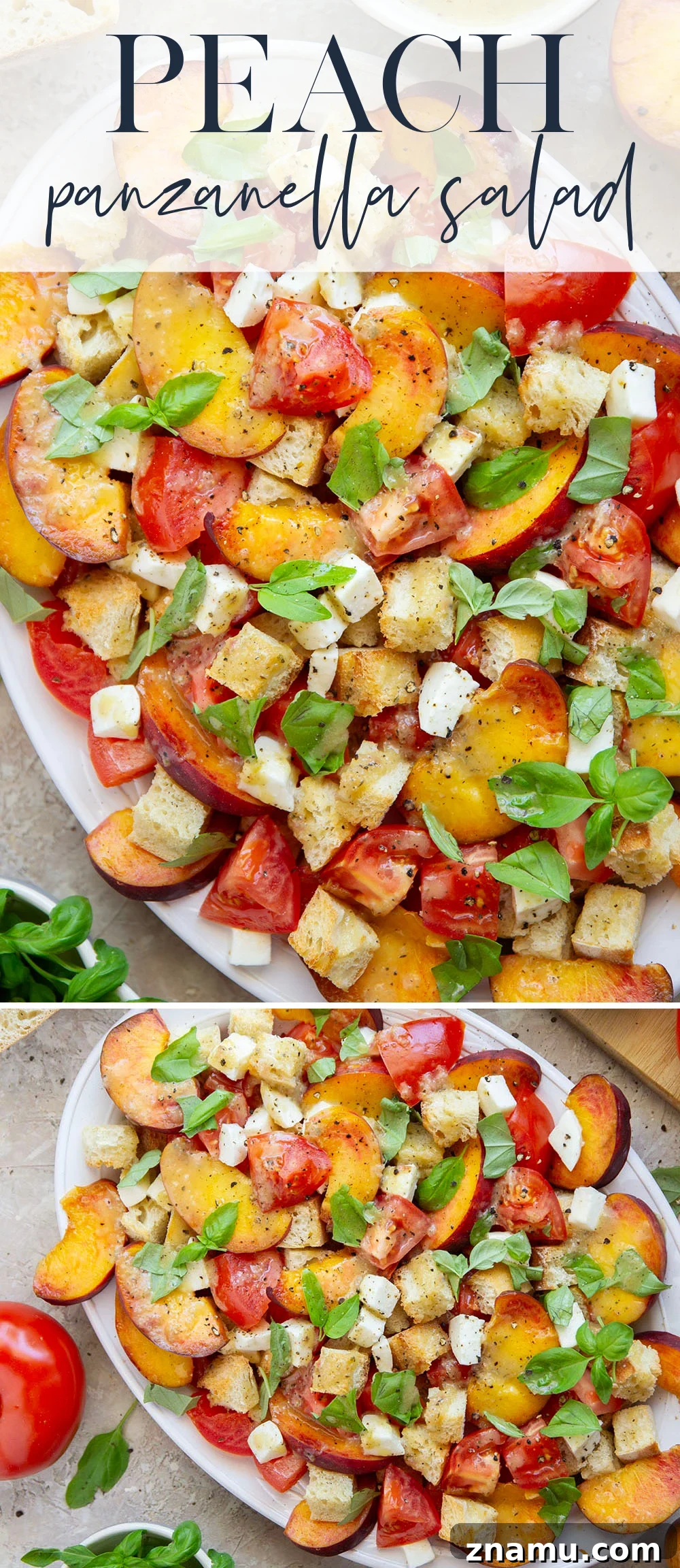 Peach Panzanella: Summer Bread Salad with Basil 7 This summery peach panzanella salad is loaded down with crisp toasted bread, juicy peach slices, sweet tomatoes, and lots of fresh basil. A flavorful shallot dressing drizzled on top adds so much flavor!