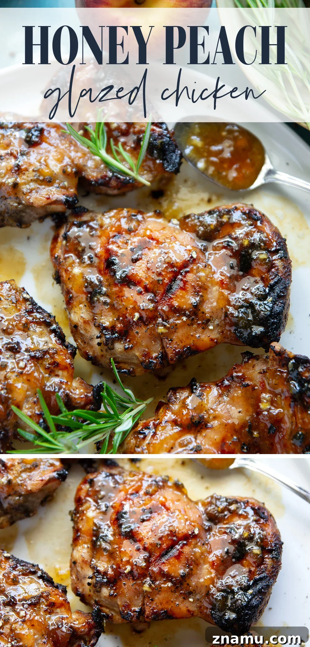 Honey Peach-Glazed Chicken with Sticky Sweet Sauce 7 A sweet, jammy honey peach glaze coats every inch of juicy grilled chicken thighs in this peach glazed chicken that's incredible with fresh summer peaches.