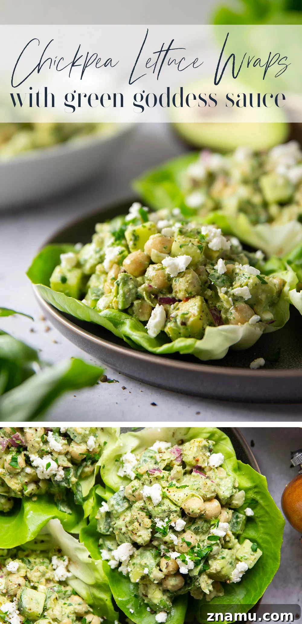 Smashed chickpeas, crunchy cucumber, and an herby green goddess sauce pack tons of flavor into these light, yet filling chickpea lettuce wraps.