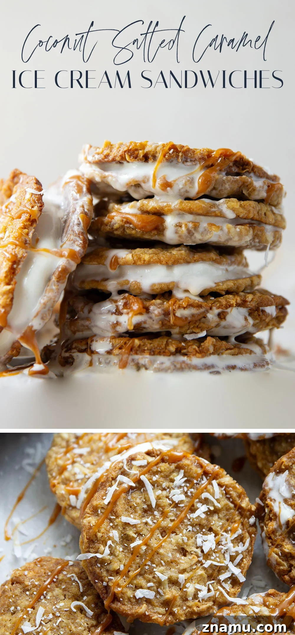 Salted Caramel Coconut Ice Cream Sandwiches 7 A base of crispy coconut cookies, homemade salted caramel, and a filling of creamy vanilla ice cream take these caramel ice cream sandwiches completely over the top!