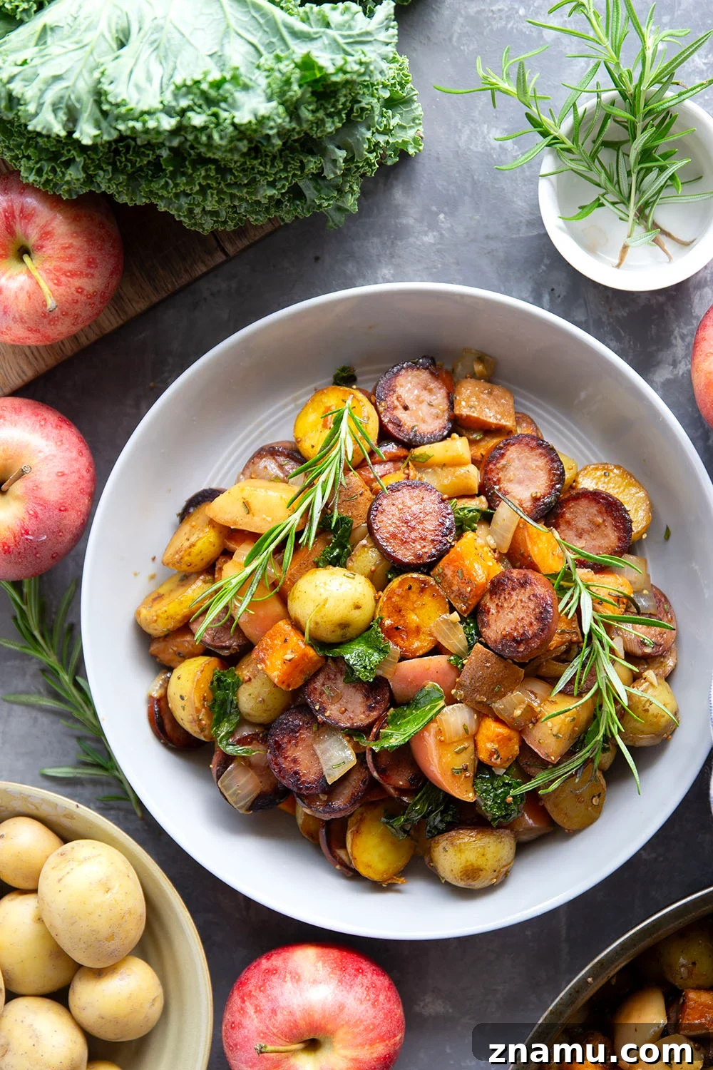 One-Pan Autumn Sausage and Roasted Vegetable Skillet 3 Packed with juicy sausage slices and tons of tender fall vegetables, this sausage vegetable skillet cooks up all in one skillet and is packed with flavor!