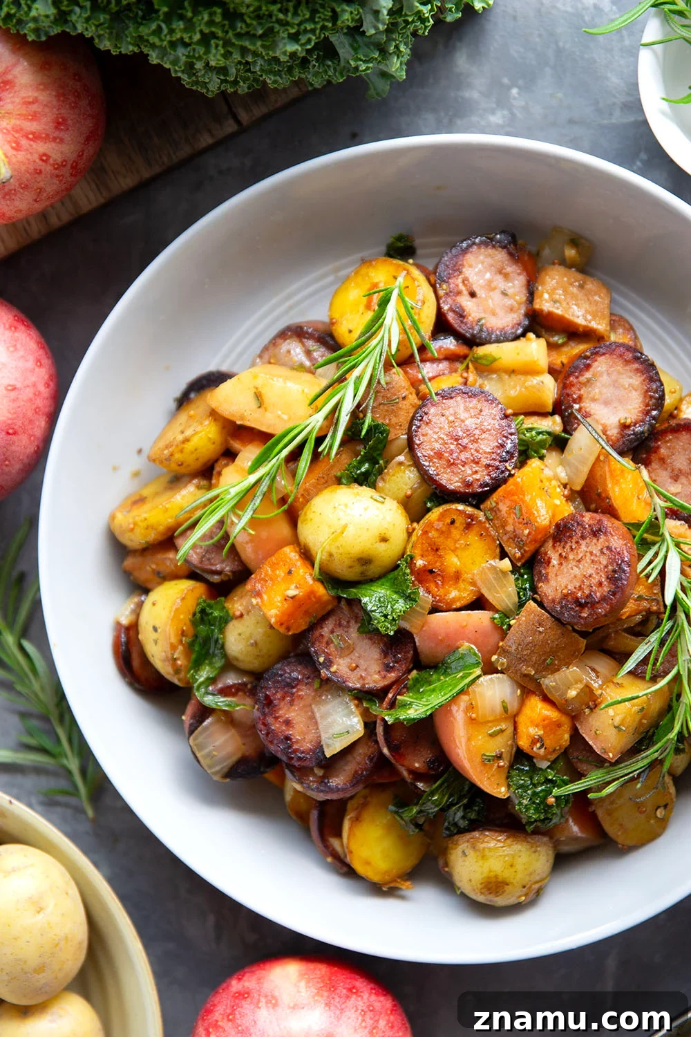 One-Pan Autumn Sausage and Roasted Vegetable Skillet 5 Packed with juicy sausage slices and tons of tender fall vegetables, this sausage vegetable skillet cooks up all in one skillet and is packed with flavor!