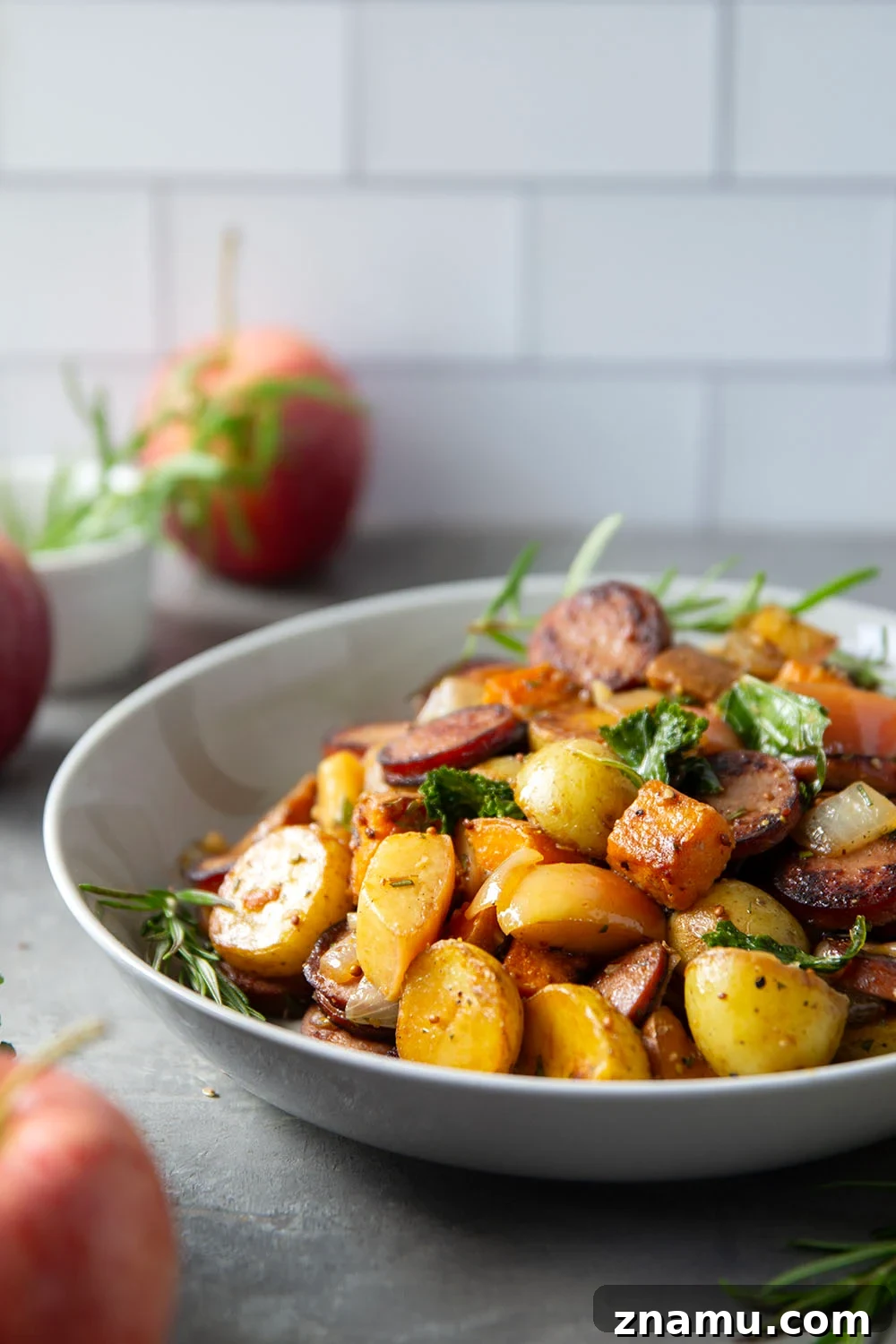 One-Pan Autumn Sausage and Roasted Vegetable Skillet 6 Packed with juicy sausage slices and tons of tender fall vegetables, this sausage vegetable skillet cooks up all in one skillet and is packed with flavor!
