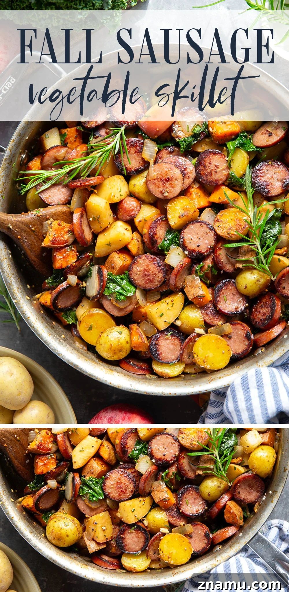 One-Pan Autumn Sausage and Roasted Vegetable Skillet 7 Packed with juicy sausage slices and tons of tender fall vegetables, this sausage vegetable skillet cooks up all in one skillet and is packed with flavor!