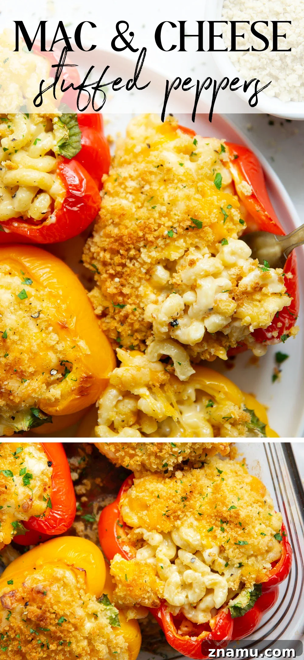 Creamy Mac and Cheese Stuffed Bell Peppers 7 Rich and cheesy mac and cheese stuffed peppers feature tender sweet peppers stuffed with creamy mac and cheese with lots of crispy breadcrumbs on top.