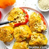 Creamy Mac and Cheese Stuffed Bell Peppers 8 Rich and cheesy mac and cheese stuffed peppers feature tender sweet peppers stuffed with creamy mac and cheese with lots of crispy breadcrumbs on top.